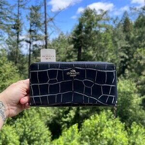 COACH Blue Croc Embossed Womens Long Zip-Around Accordion Wallet Silver Hardware